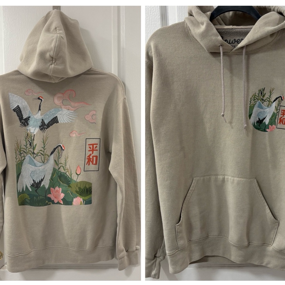 Bowery Supply Co. Beige Hoodie with Crane Graphic Peace Harmony size S